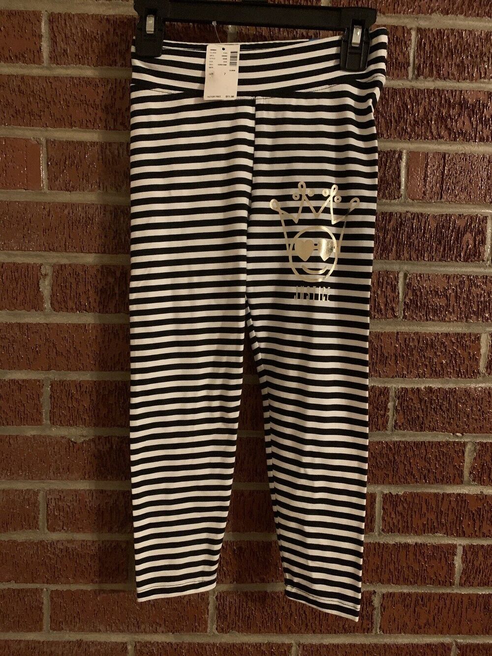 Justice Girls Leggings Black White Stripe Queen Emoji Size 7